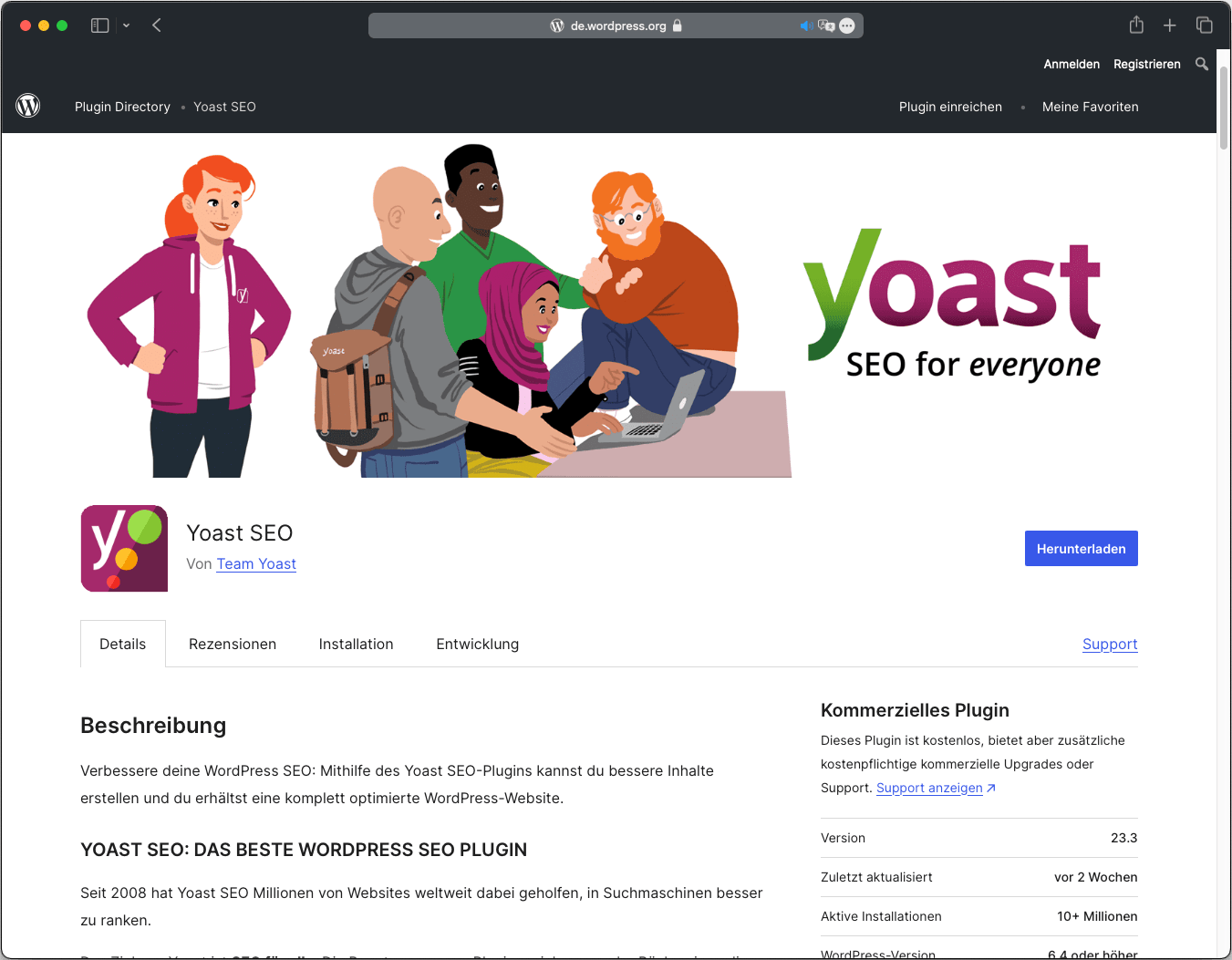 Yoast SEO Plugin Benutzeroberfläche in WordPress, zeigt diverse Menschen und Yoast-Logo, optimiert Websites für Suchmaschinen