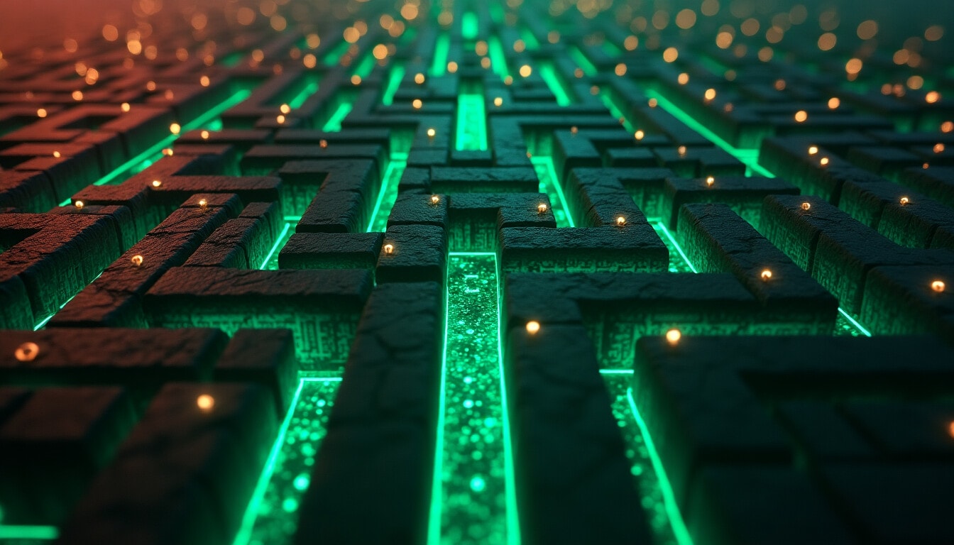 Digitale Darstellung eines Labyrinths, das die Herausforderungen des EU AI Acts symbolisiert.