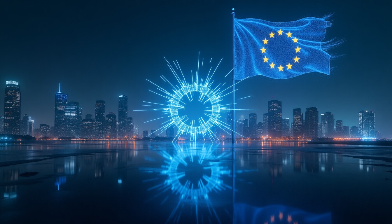 Digitale Darstellung der EU-Flagge mit futuristischen Elementen im Kontext des EU AI Acts.