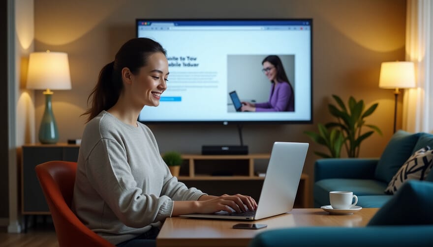 L&auml;chelnde Frau, die gl&uuml;cklich mit ihrer Website ist.