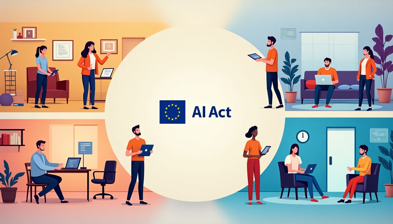 Illustration von Mitarbeitern, die den EU AI Act für Unternehmen diskutieren.