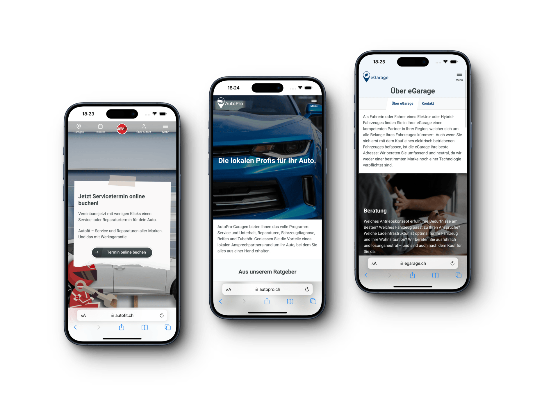 Die Autofit Corporate Website im Responsive Design, dargestellt auf verschiedenen Smartphones. Benutzerfreundlichkeit für mobile Nutzer.