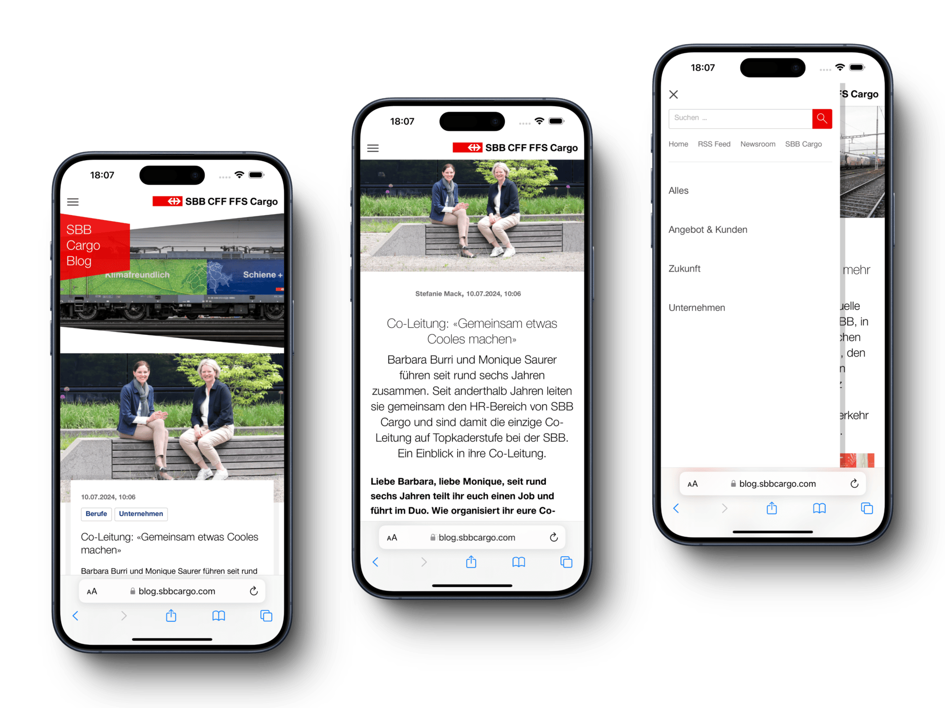 Die SBB Cargo Corporate Website im responsiven Design, dargestellt auf verschiedenen Smartphones.
