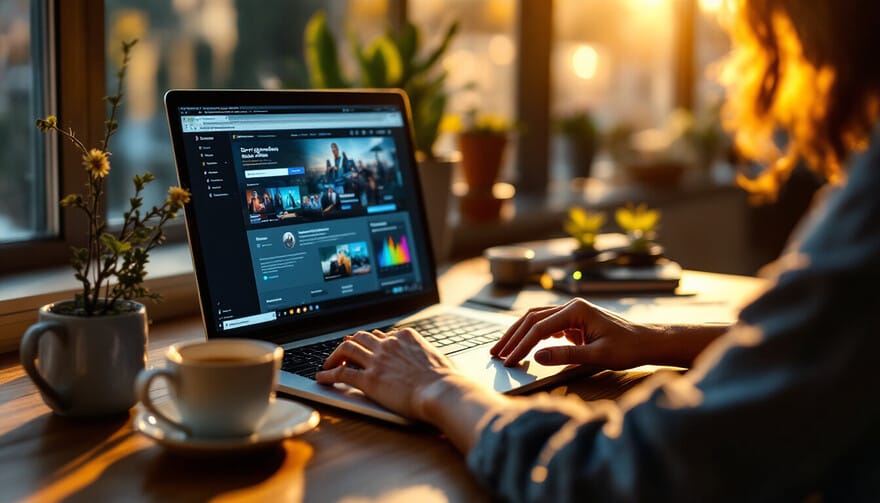 Ein helles, einladendes Bild zeigt eine Person, die entspannt an ihrem Laptop arbeitet. Auf dem Bildschirm sieht man den spannenden &Uuml;bergang von einer alten zu einer modernen Website - wie bei einem Vorher-Nachher-Vergleich. Das warme Morgenlicht f&auml;llt durchs Fenster und unterstreicht die positive Aufbruchstimmung. Eine Tasse Kaffee und ein Notizbuch daneben vermitteln eine angenehme Arbeitsatmosph&auml;re.