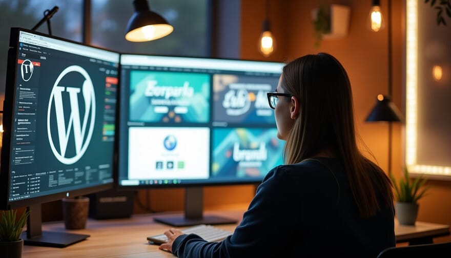 Eine Person sitzt konzentriert vor einem gro&szlig;en Monitor und arbeitet an einem Website-Layout. Auf dem Bildschirm sind verschiedene Design-Elemente zu sehen: Farbpaletten, Typography-Beispiele und ein responsives Grid-System. Der Arbeitsplatz ist modern eingerichtet, mit einer warmen, einladenden Atmosph&auml;re.