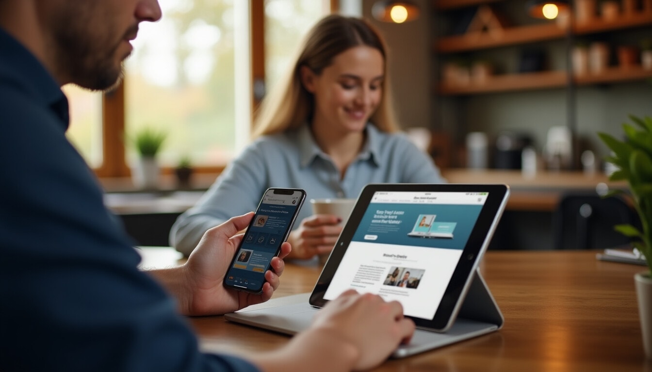 Eine alltägliche Situation: Menschen verschiedenen Alters nutzen dieselbe Website auf unterschiedlichen Geräten. Ob im Café auf dem Smartphone, im Büro am Desktop oder zuhause auf dem Tablet - die Website sieht überall einladend aus. Die natürliche Lichtstimmung und die authentischen Nutzungssituationen machen die technischen Aspekte greifbar.