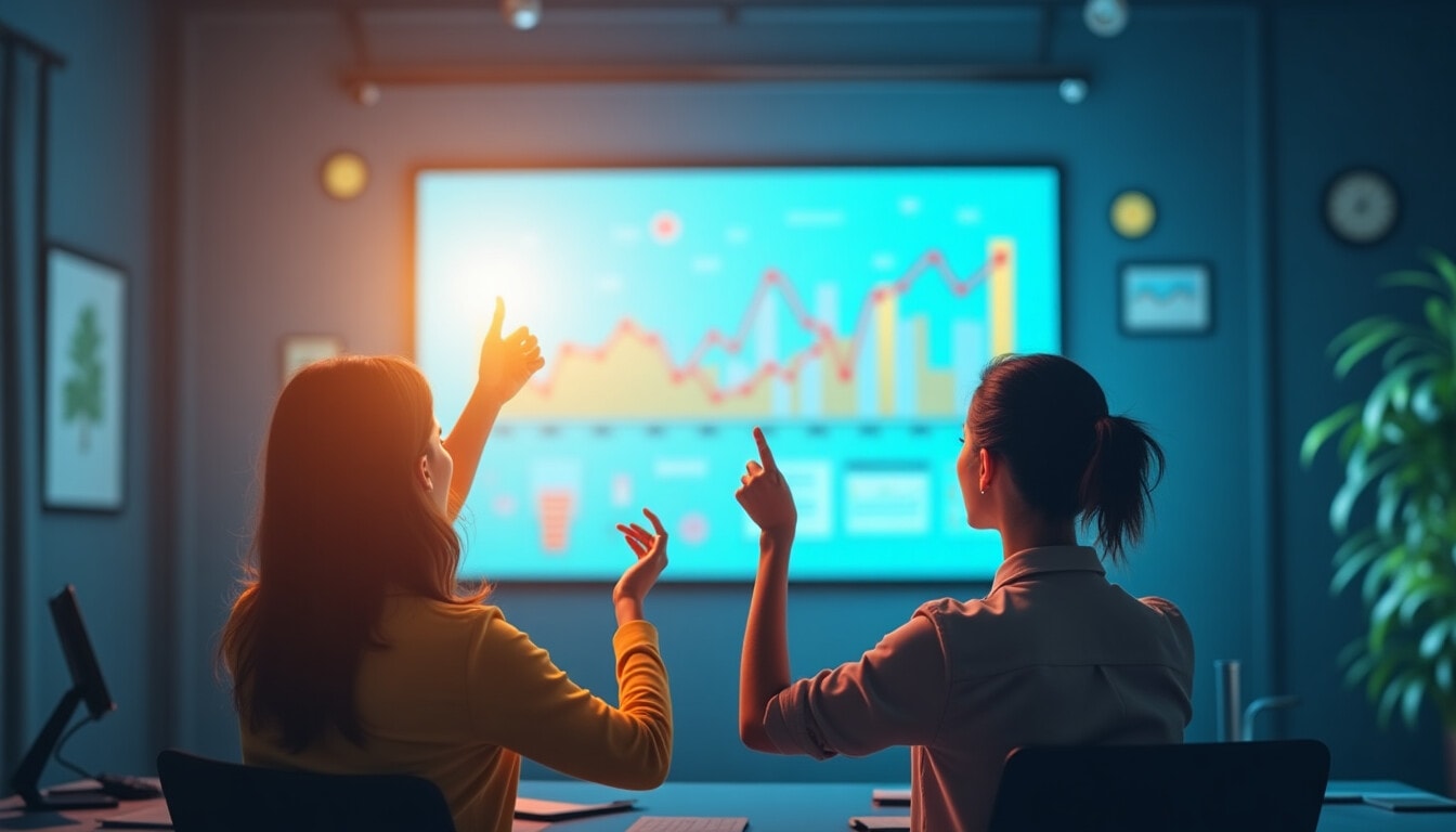 Eine motivierende Darstellung des SEO-Erfolgs: Eine Person feiert einen Ranking-Erfolg, während auf einem großen Bildschirm positive Analysekurven zu sehen sind. Die Freude über gute Ergebnisse ist ansteckend, während dezente Grafiken und Icons die technischen Aspekte verständlich visualisieren.