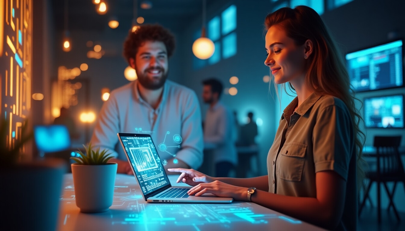 Ein inspirierendes Abschlussbild: Menschen interagieren mit modernen, holografischen Interfaces. Die Technologie wirkt nicht kühl, sondern unterstützend und zugänglich. Warme Farbtöne und weiche Lichteffekte schaffen eine optimistische Zukunftsvision. Die entspannte Körpersprache der Personen zeigt: Moderne Technologie macht das Leben leichter.