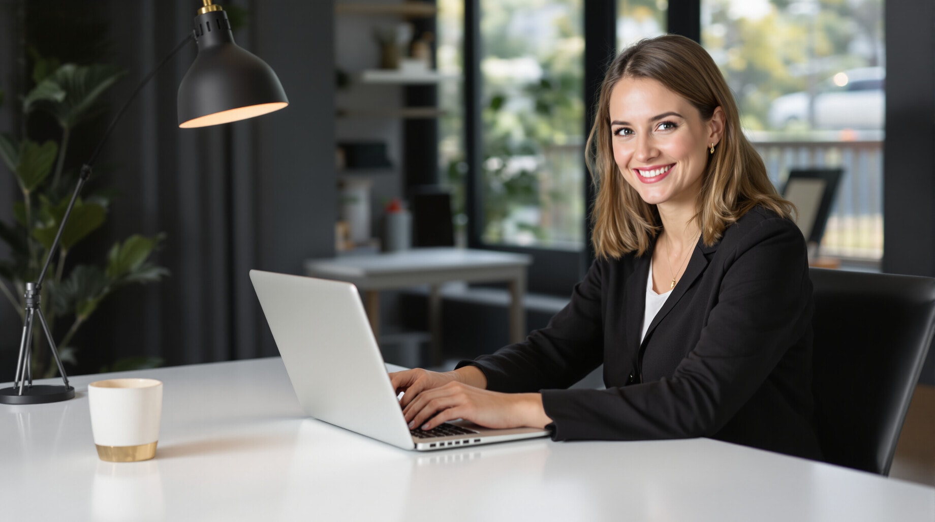 Eine Frau sitzt an ihrem Schreibtisch und arbeitet an einem Laptop. Sie blickt in die Kamera und lächelt freundlich. Der Schreibtisch ist aufgeräumt und modern eingerichtet, mit viel natürlichem Licht.