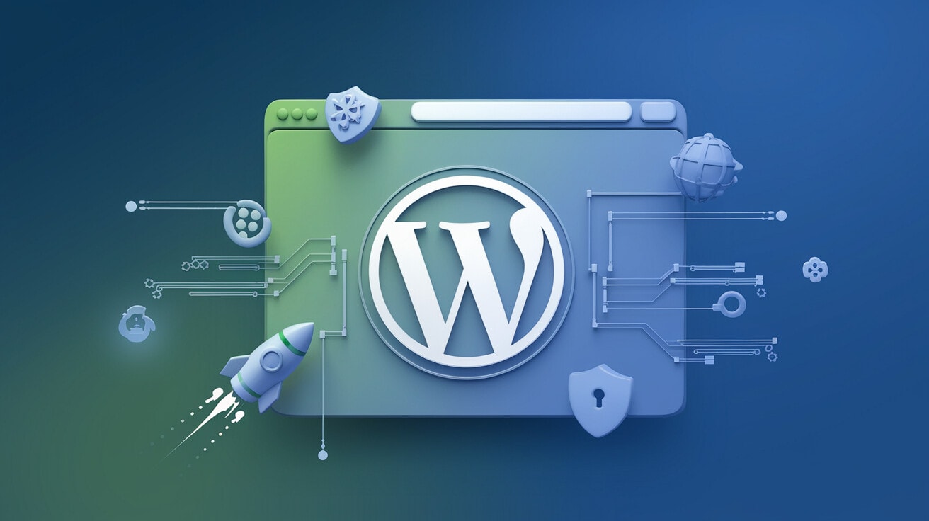 Eine Grafik, die das WordPress-Logo mit technischen Elementen und Sicherheitssymbolen darstellt und die Bedeutung von Performance und Sicherheit für WordPress-Websites visualisiert.
