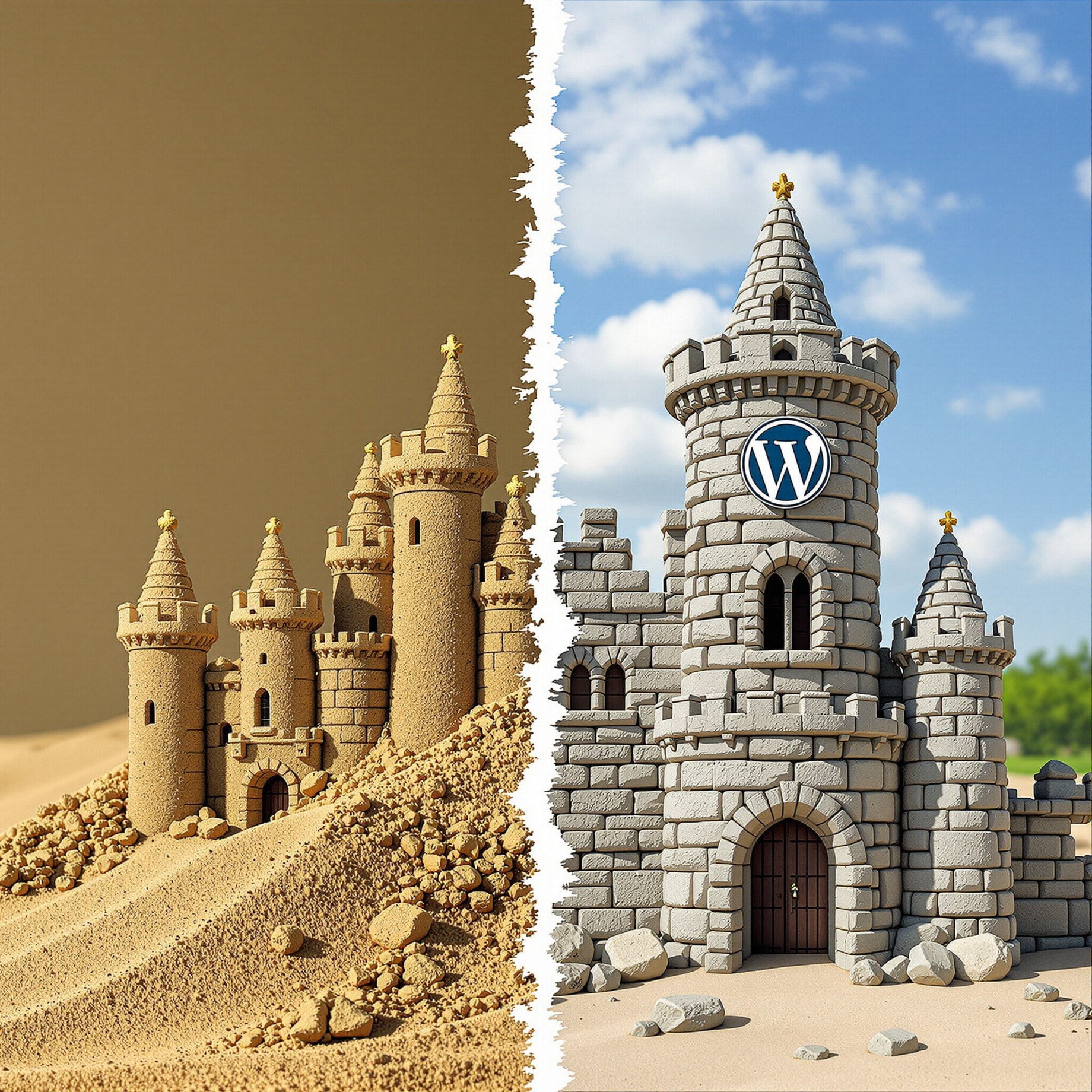 Sandburg vs. Steinburg mit WordPress-Logo: Stabilität und Sicherheit mit WordPress Enterprise CMS.