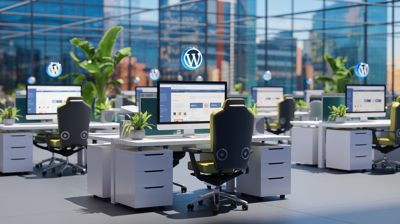 Modernes Büro mit Mitarbeitern, die WordPress Enterprise CMS nutzen.