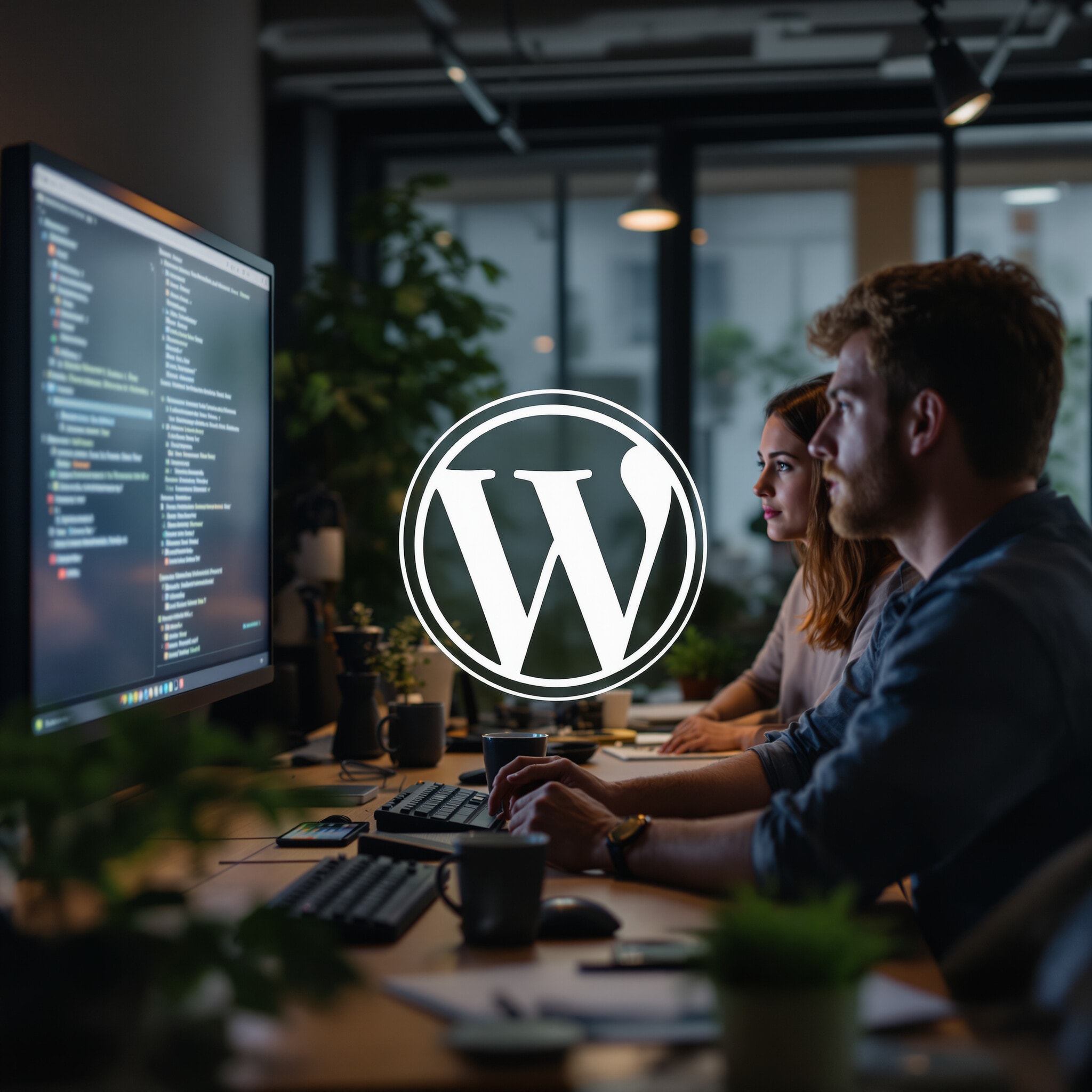 WordPress Enterprise CMS: Ein Team von Entwickler:innen sitzt konzentriert an einem grossen Bildschirm und diskutiert angeregt. Die Stimmung ist positiv und konzentriert, man spürt die Begeisterung für das gemeinsame Projekt. Im Hintergrund sieht man ein modernes Büro mit viel Licht und Pflanzen.