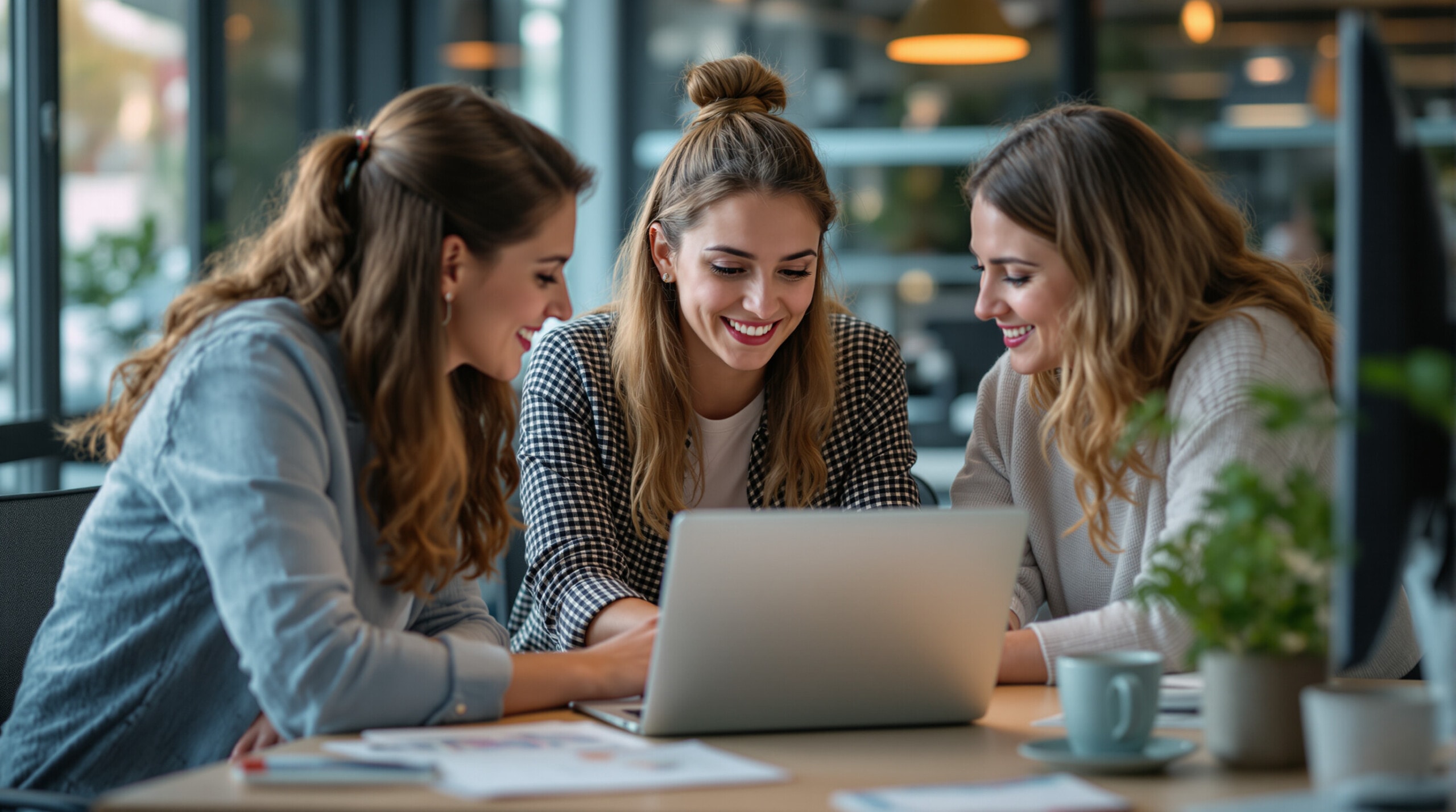 Ein Team von Kollegen und Kolleginnen arbeitet gemeinsam an einem Projekt. Sie sitzen um einen Laptop herum, zeigen sich gegenseitig etwas auf dem Bildschirm und diskutieren angeregt. Die Atmosphäre wirkt konzentriert, aber auch entspannt und kollegial.