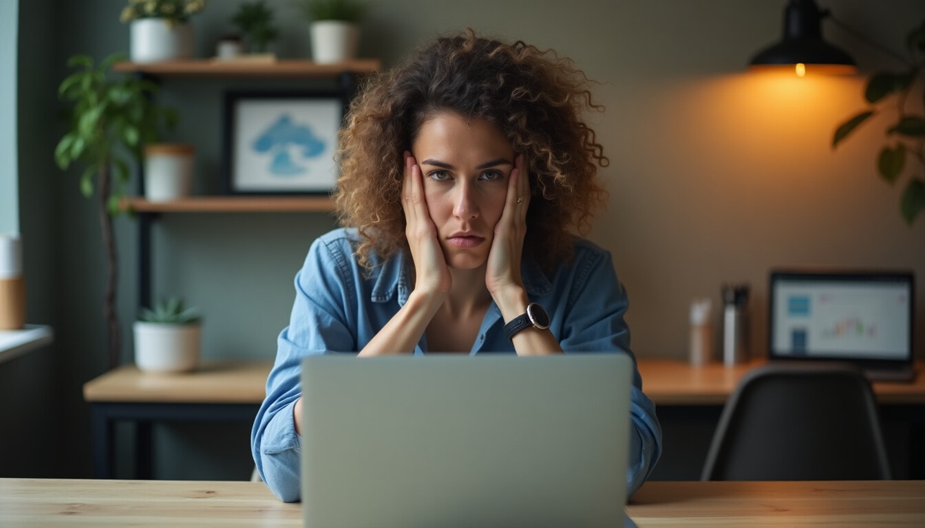 Frustrierte Person am Laptop – Überfordert mit der WordPress-Website? Wir helfen!