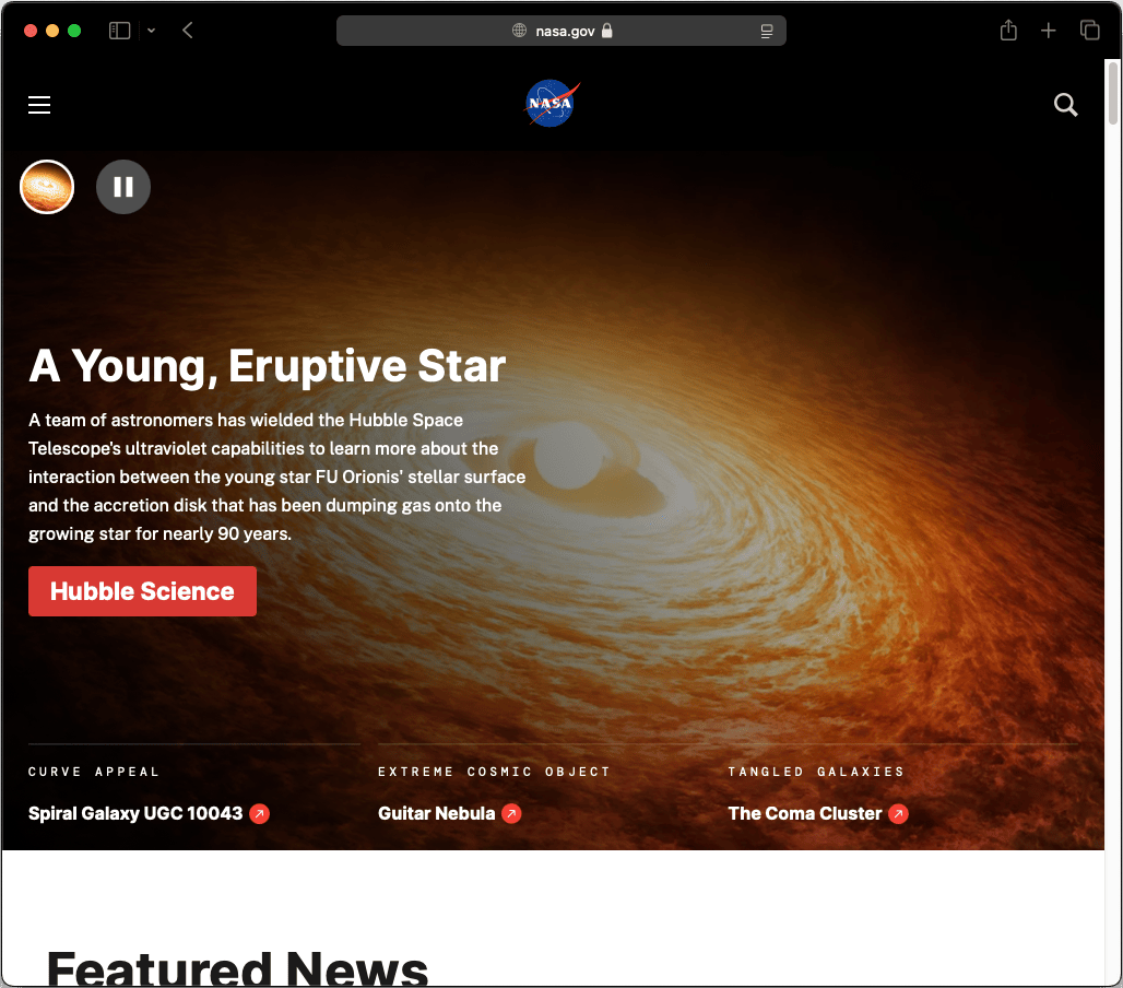 Screenshot der NASA-Website, powered by WordPress Enterprise CMS. Beispiel für Skalierbarkeit und Performance.