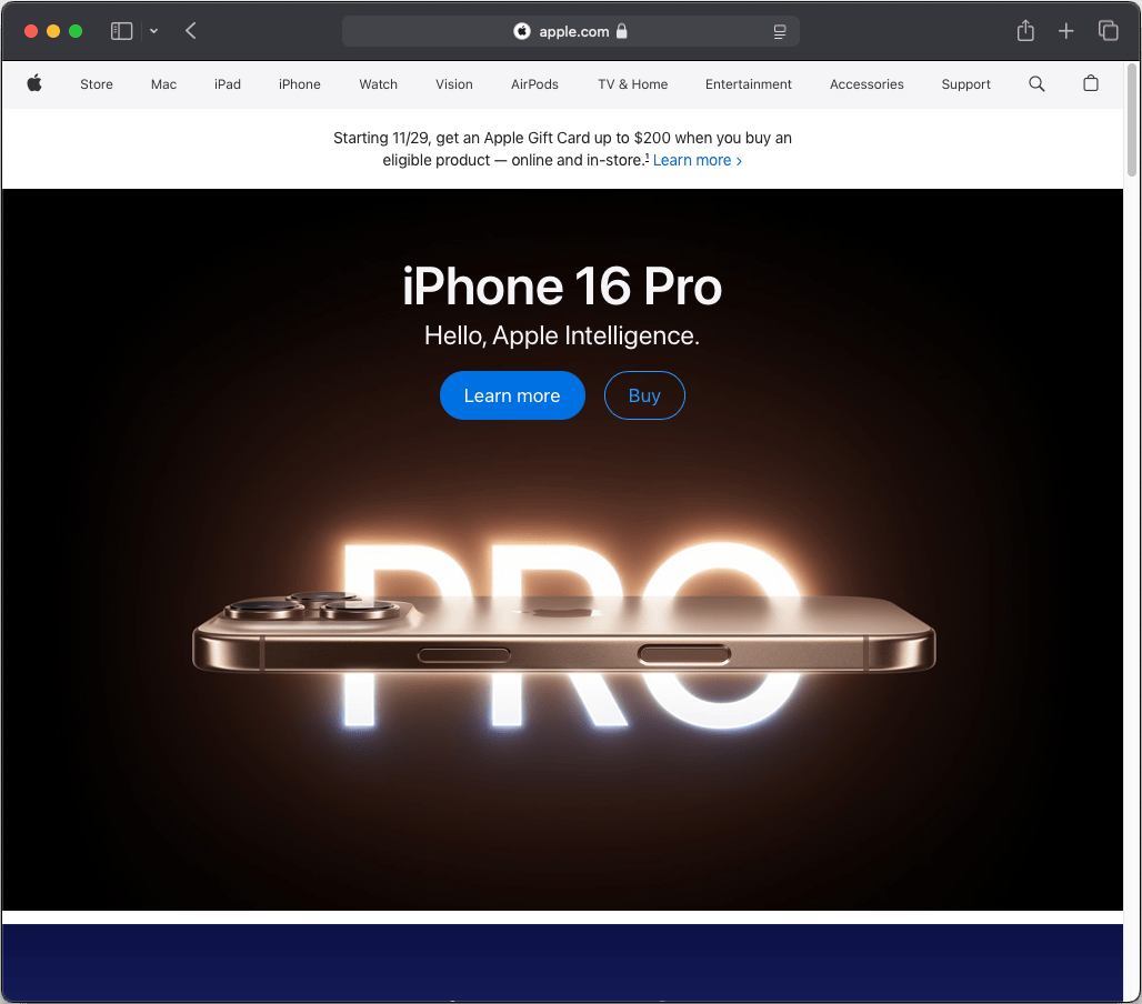 Screenshot der Apple Corporate Website. Beispiel für minimalistisches Webdesign.