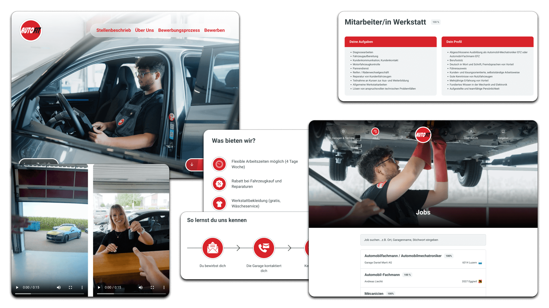 Mehrere Screenshots von unterschiedlichen Elementen auf autofit Jobs
