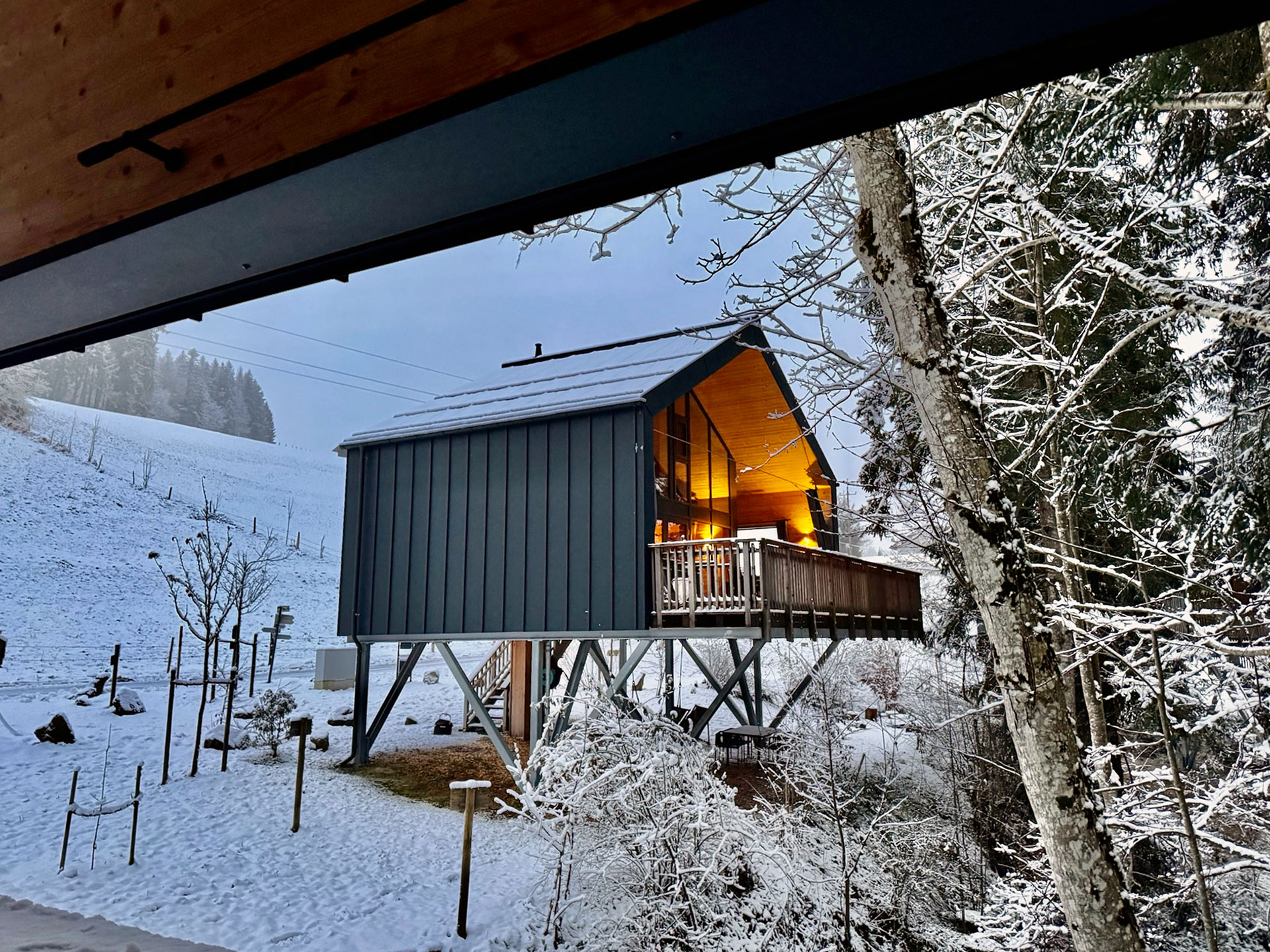 Ein Chalet auf Stelzen in winterlicher Landschaft, umgeben von Schnee und Bäumen, mit einer beleuchteten Terrasse, die Gemütlichkeit ausstrahlt.
