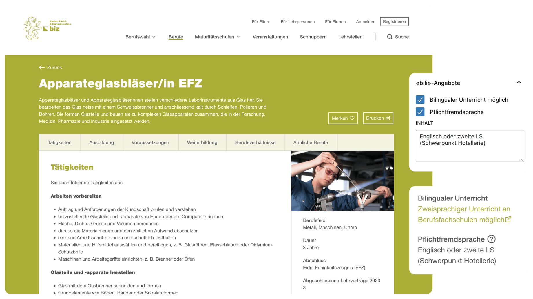 Screenshot der Berufsansicht vom BW-Portal und den neuen Funktionen