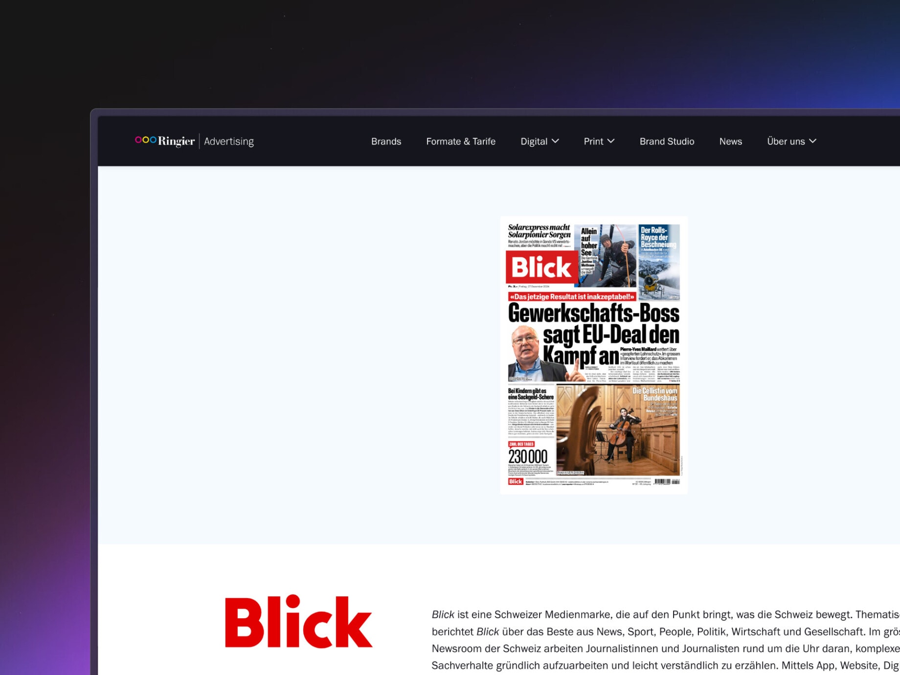 Das aktuelle Cover der Tageszeitung Blick, auf der Hauptwebsite von Ringier Advertising