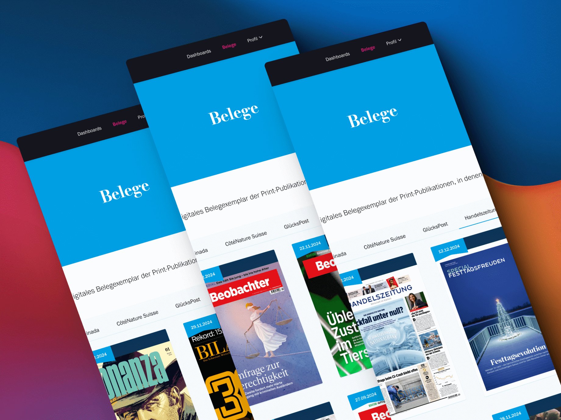 Drei verschiedene Screenshots der Belege Übersicht im Ringier Advertising Online-Dashboard