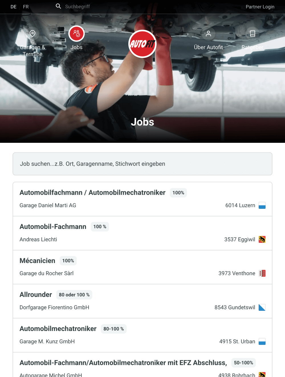 Screenshot of autofit Jobs on a tablet