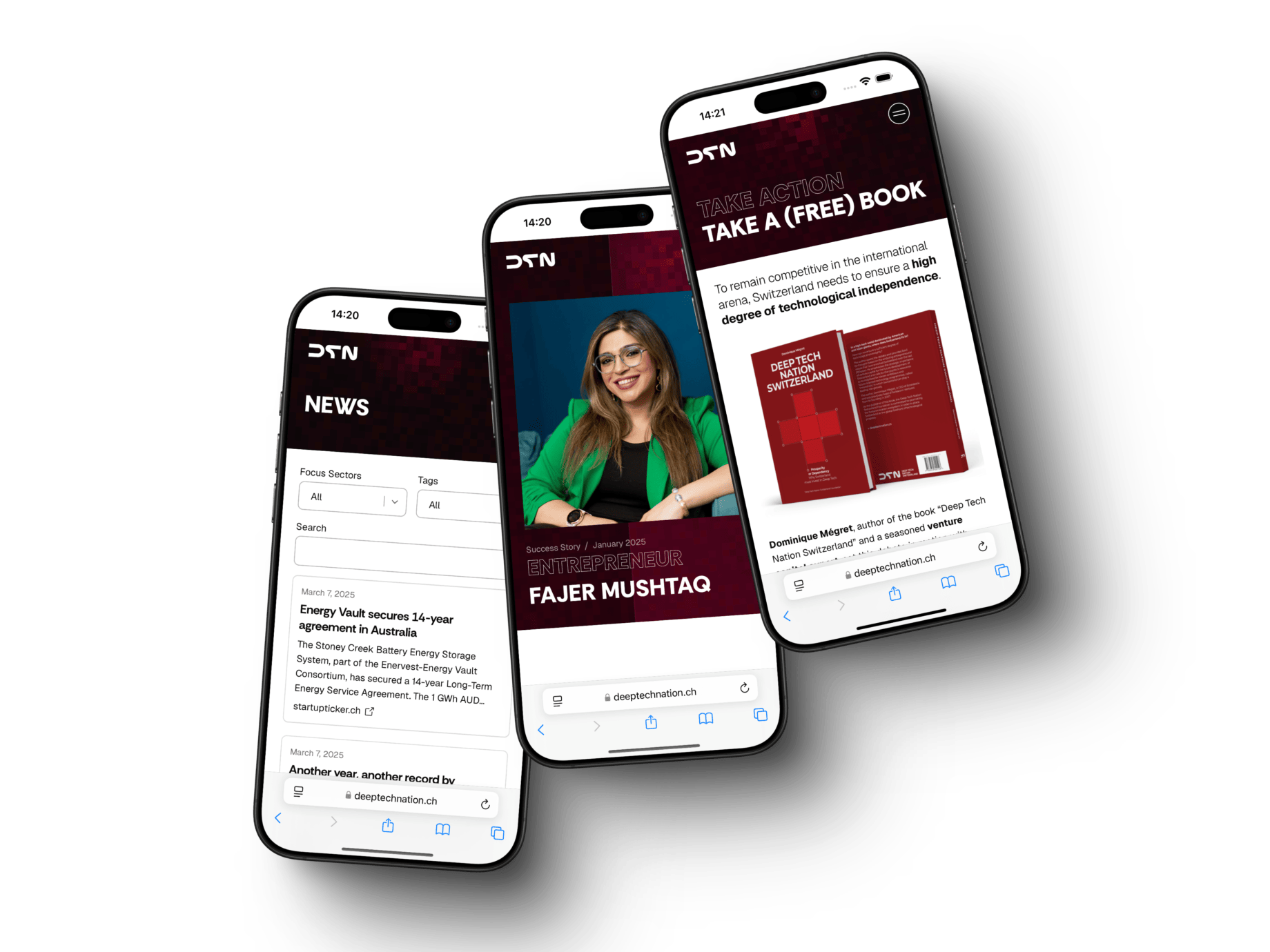 Drei Smartphone-Bildschirme zeigen verschiedene Bereiche der Deep Tech Nation Website: News-Filter, Interview mit Fajer Mushtaq und die Buchbestellseite. WordPress-Entwicklung im Einsatz.