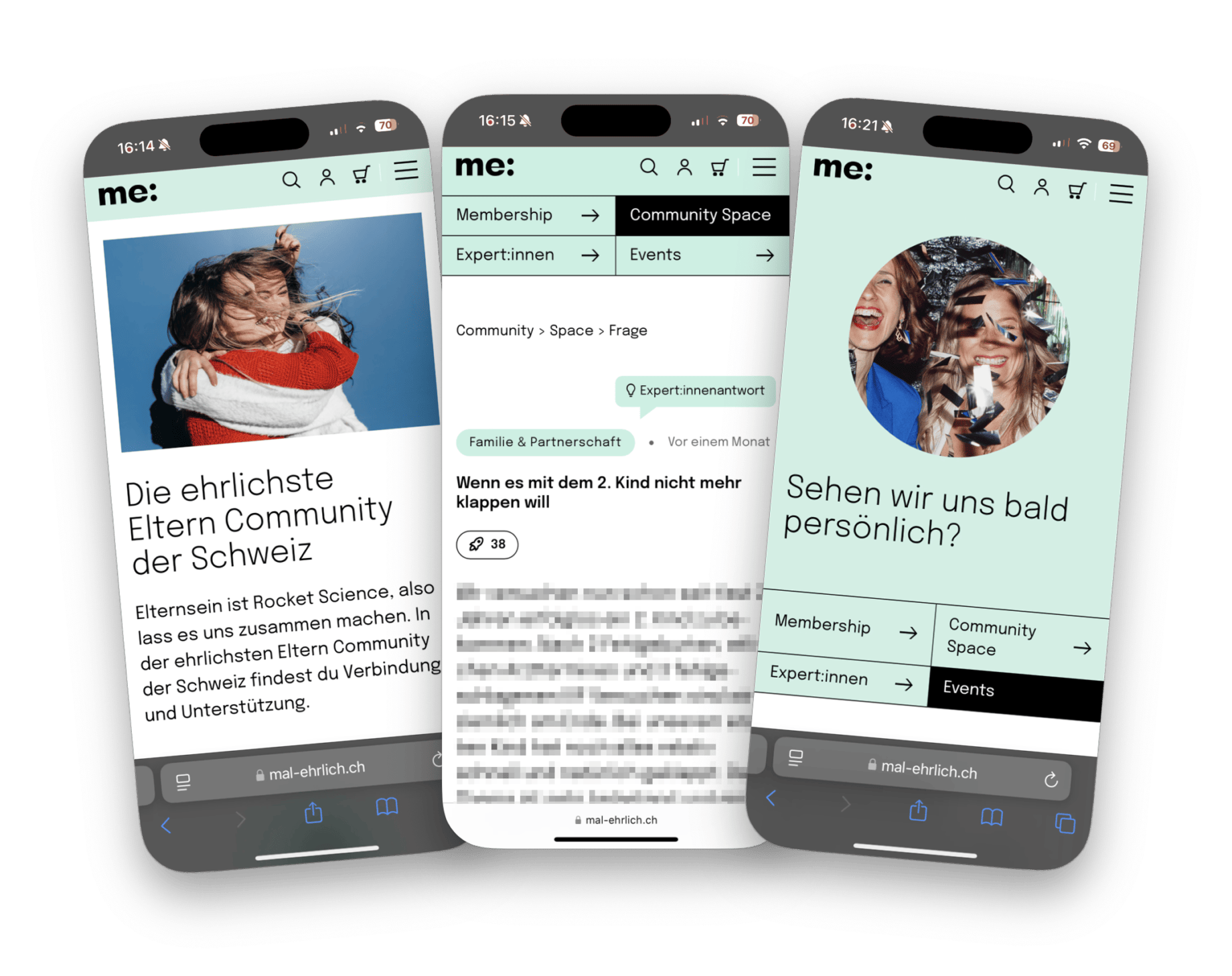 Drei Smartphone-Bildschirme zeigen eine Eltern-Community-Website mit Themen zu Familienleben, Community-Austausch und Events.