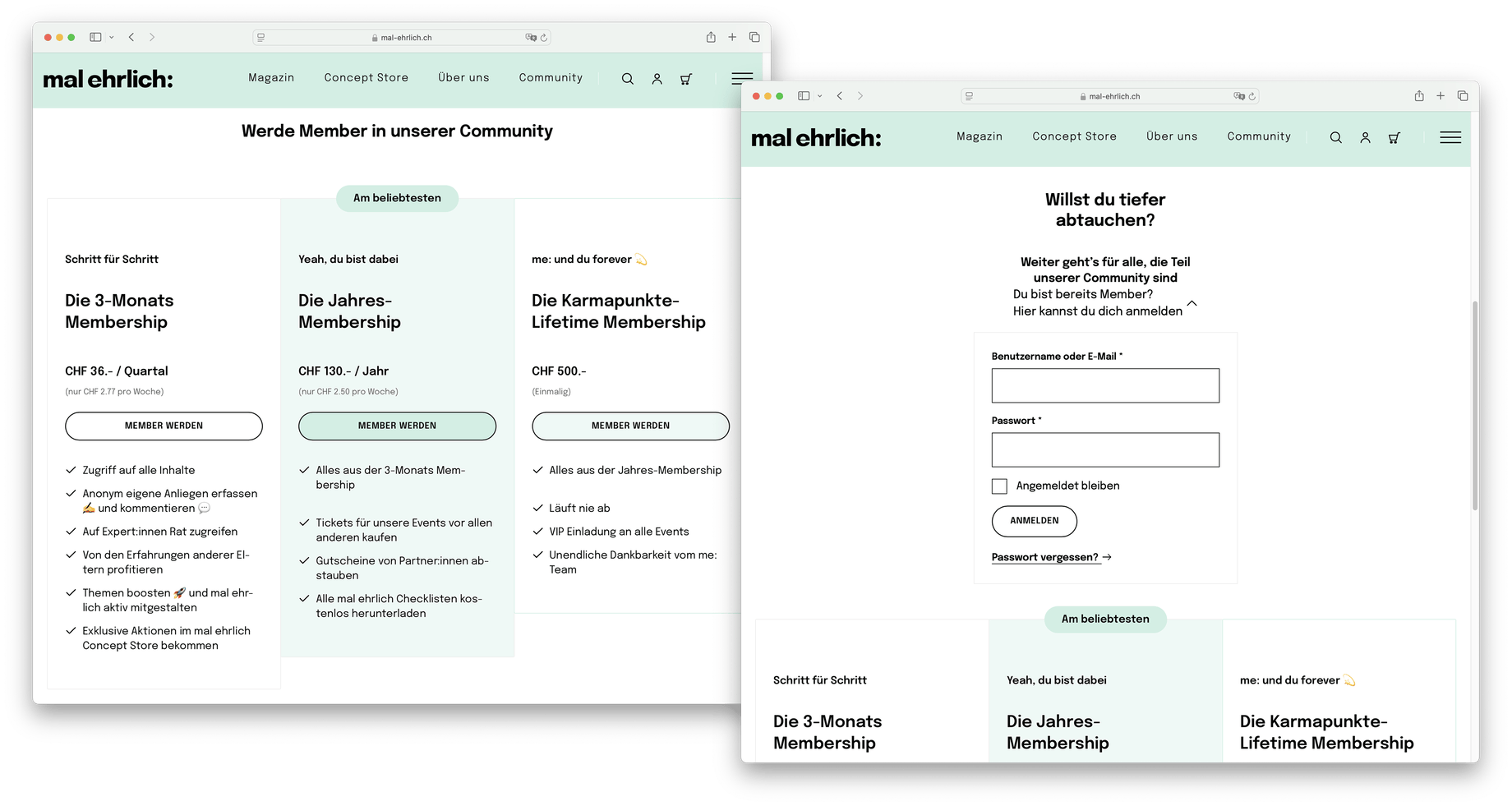 Screenshot der Paywall und Login-Wall der Community