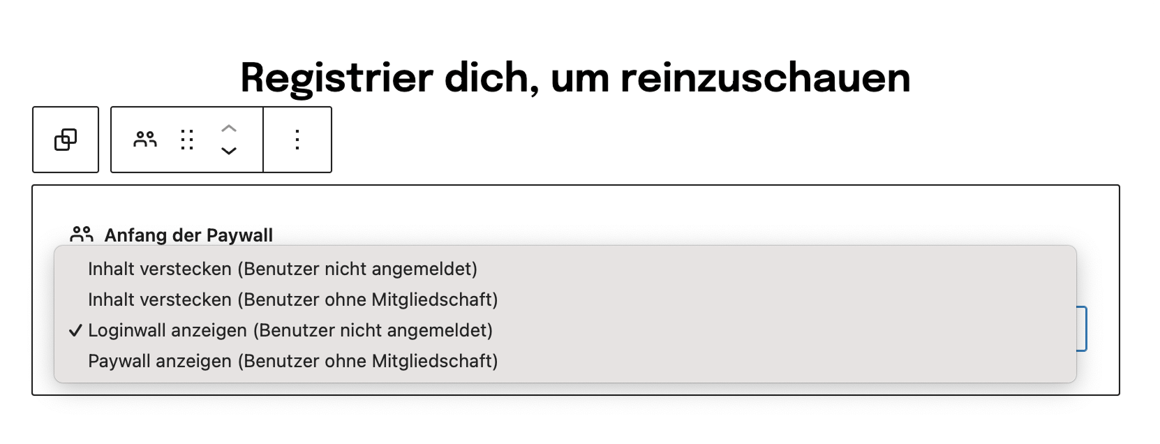 Screenshot von dem WordPress Backend Paywall Block mit verschiedenen auswahlmöglichkeiten