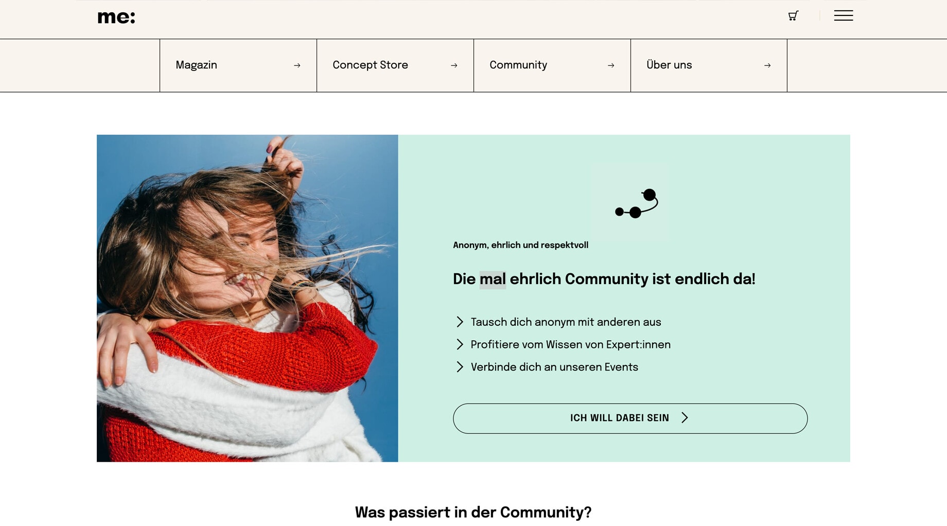 Screenshot der mal-ehrlich.ch Startseite mit einem Community Banner, auf einem grossen Bildschirm