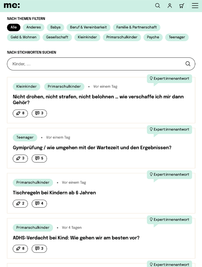 Screenshot of the mal-ehrlich.ch community on a tablet. A list of multiple questions asked by other community members is visible.