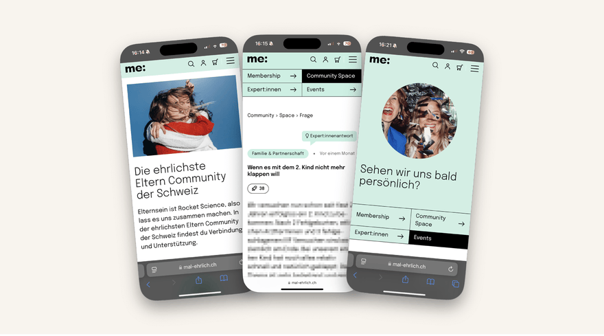 Drei Smartphone-Bildschirme zeigen eine Eltern-Community-Website mit Themen zu Familienleben, Community-Austausch und Events.