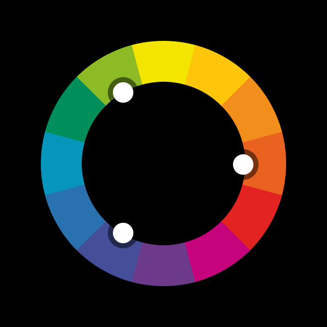A color circle on which 3 diagonally lying colors are marked, thus presenting a triadic palette.