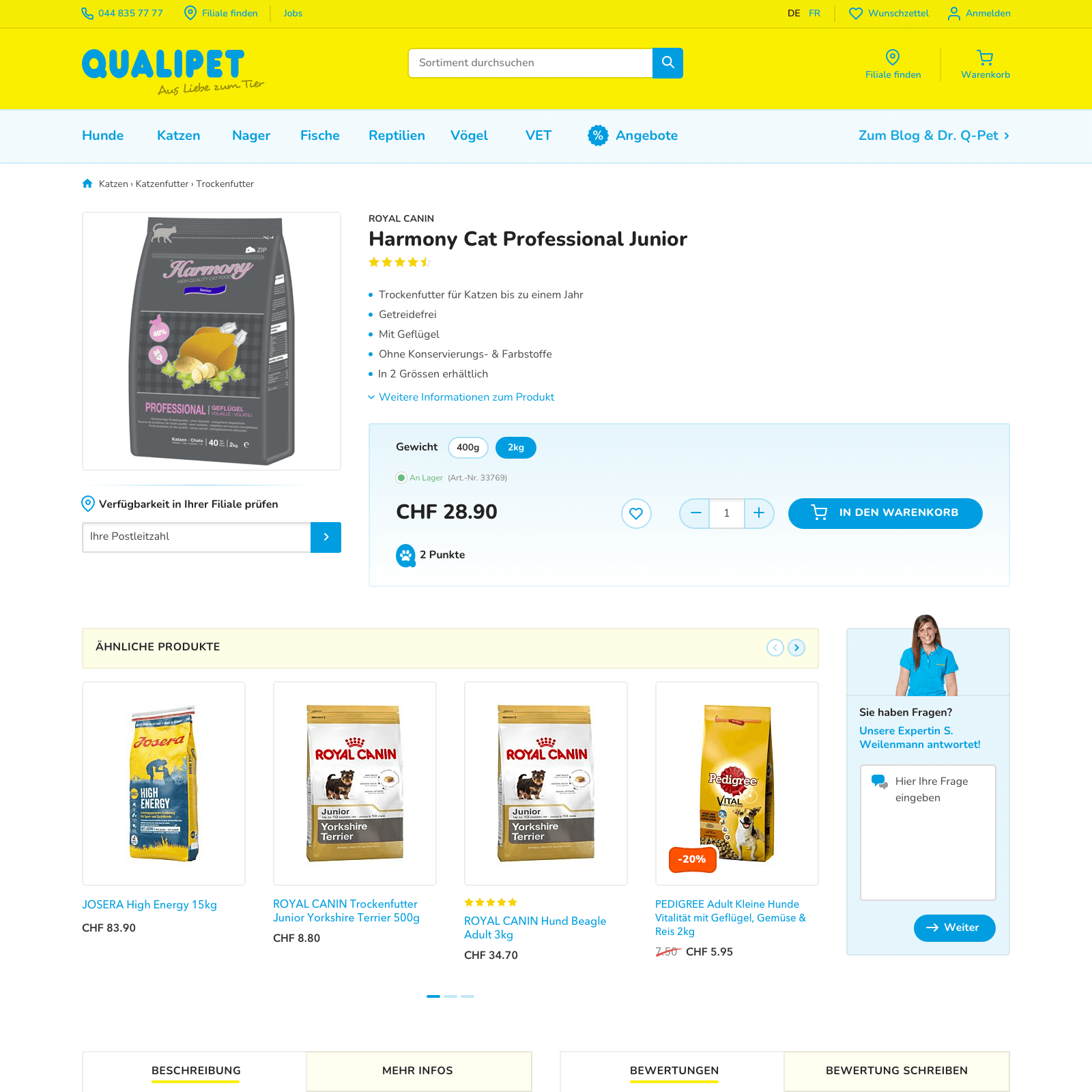 Ein Design für die Produktedetail-Seite im Qualipet Onlineshop