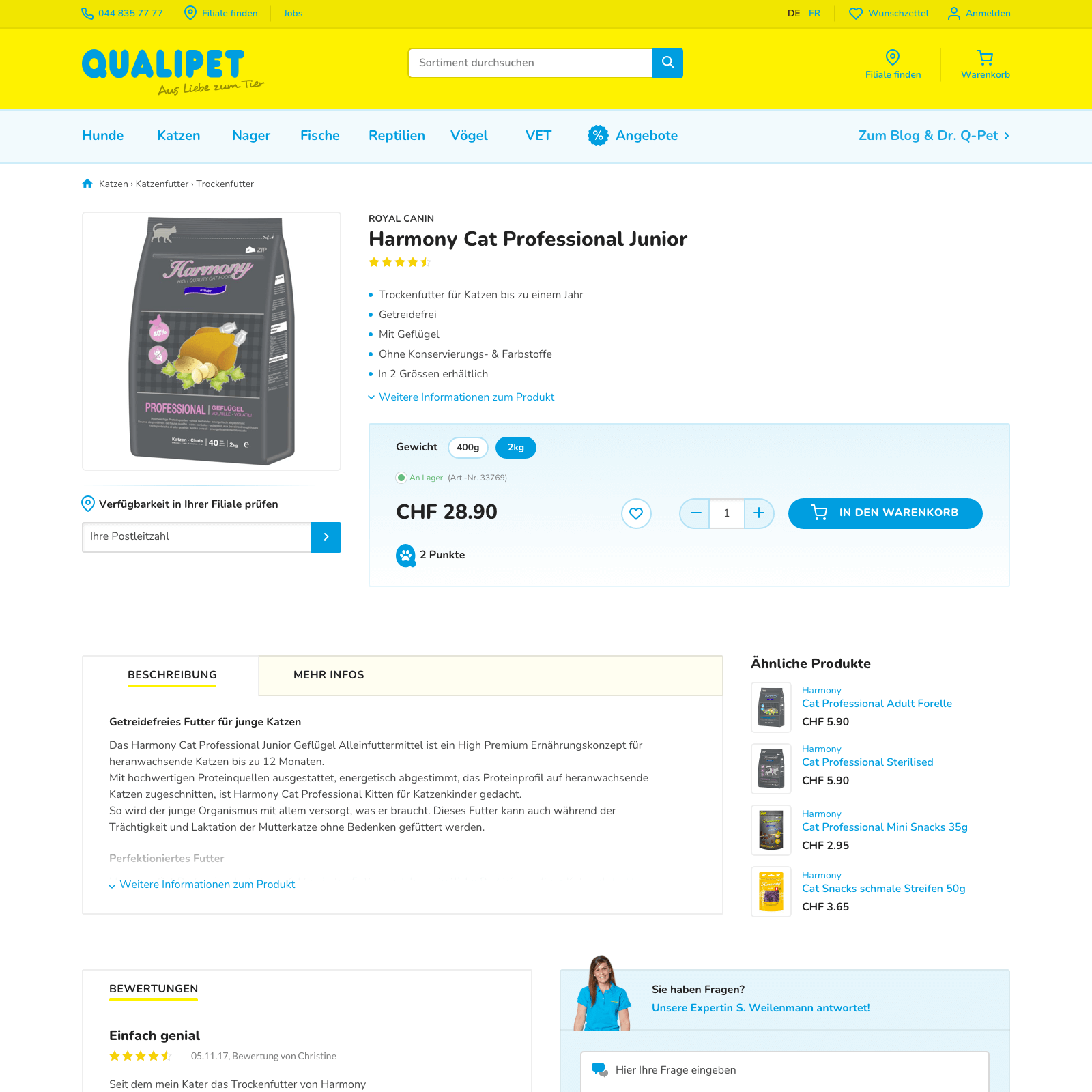 Ein Designversion für die Produktedetail-Seite im Qualipet Onlineshop