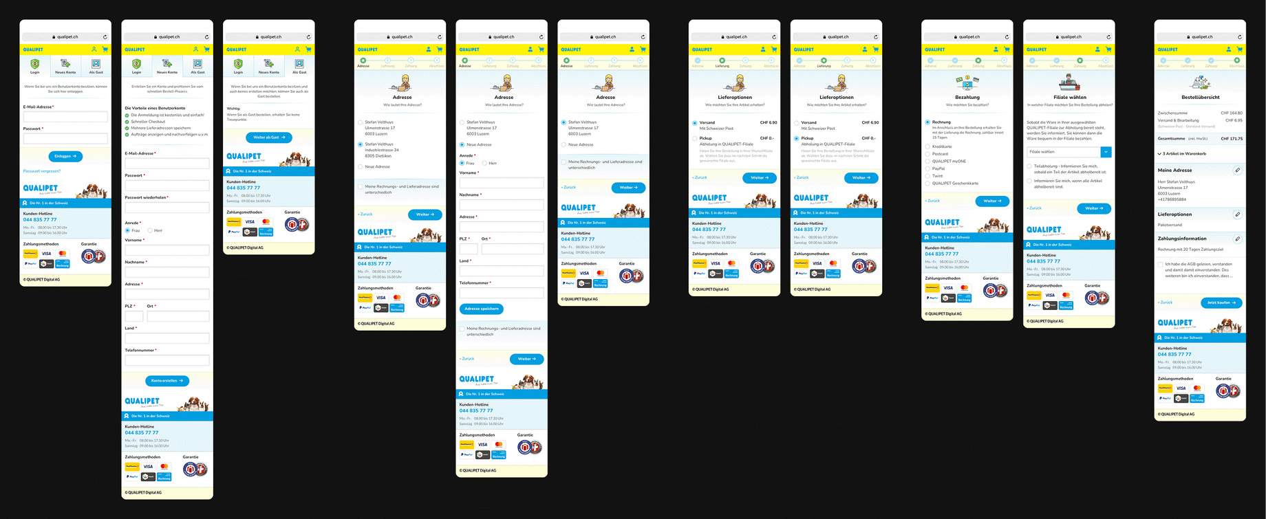 Mehrere Design-Screens des Mobile Checkouts im Qualipet Online Shop