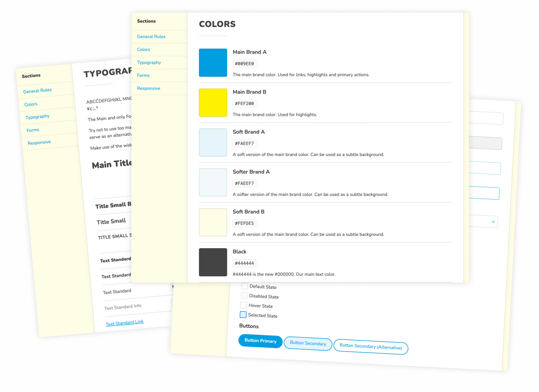 Ein Auszug aus dem Styleguide mit verschiedenen Farben, Schriftarten und Formularelementen