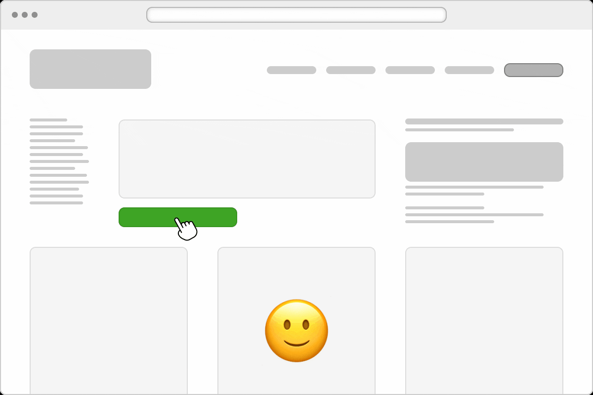 Ein animiertes Bild, bei welchem ein Website-Layout zu sehen ist. Ein grüner Button wird mehrfach verschoben, weil andere Elemente neu erscheinen oder deren Dimensionen ändert. Das führt zu mehreren sogenannten Layout Shifts.