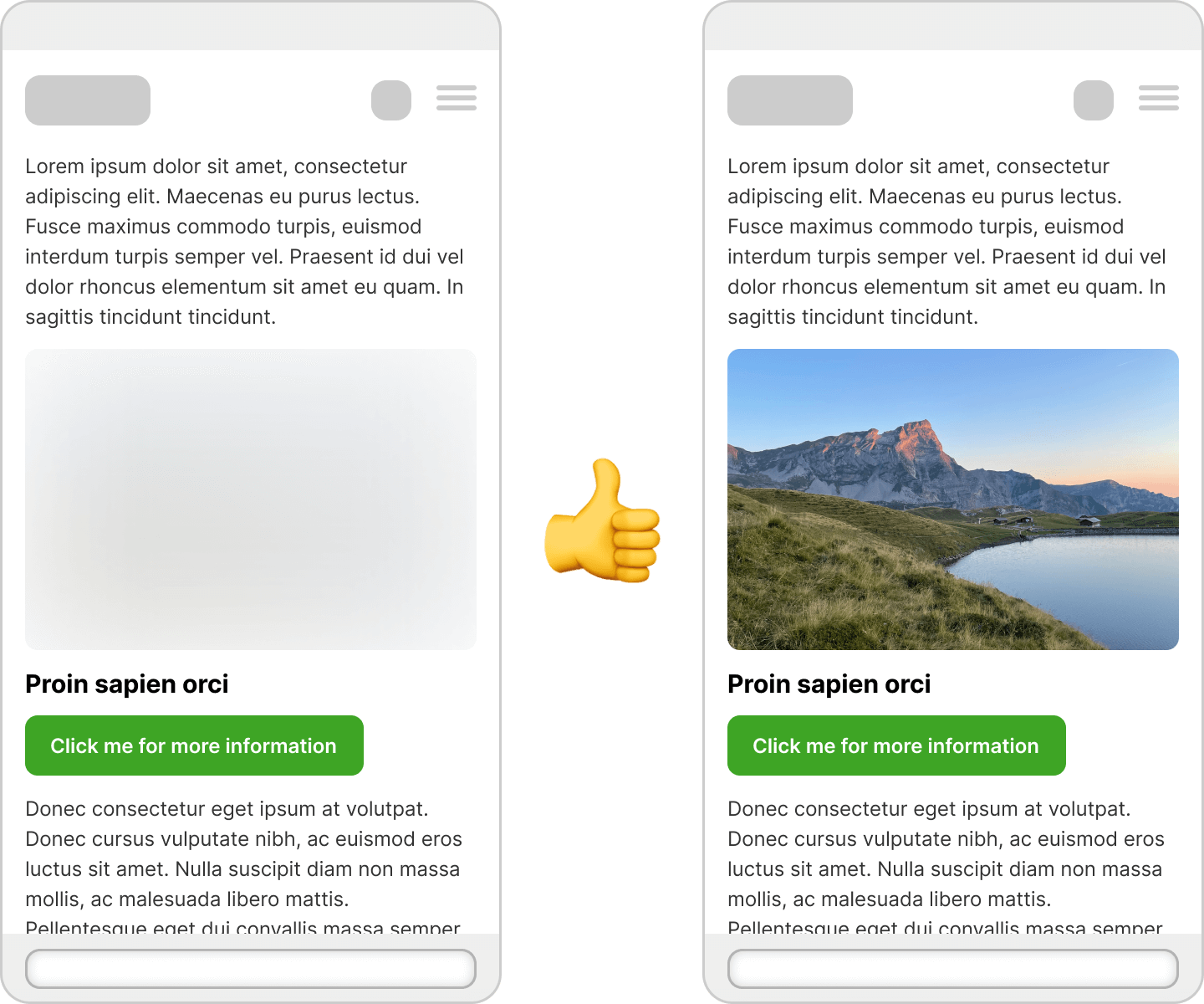 Ein Vergleich von 2 mobilen Ansichten einer Website. Auf der zweiten Ansicht ist ein Bild zu sehen, welches erst später geladen wurde. Weil die Dimensionen des Bildes gesetzt sind, bleibt alles an seinem Platz.