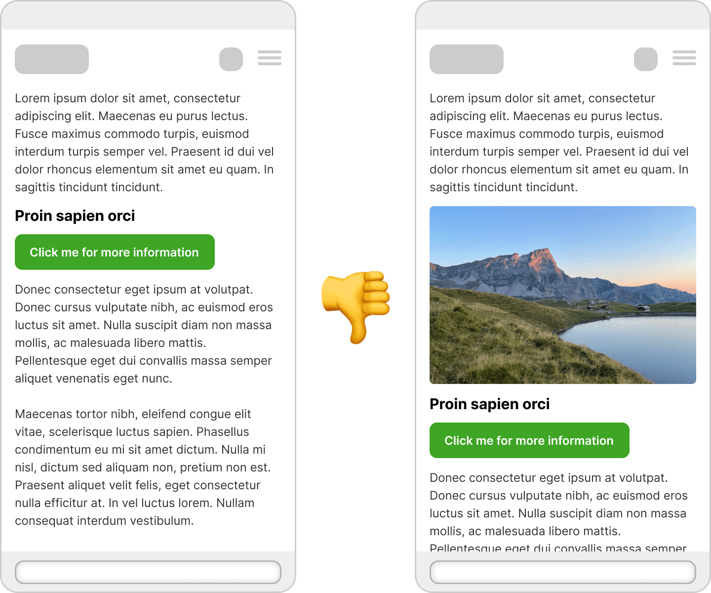 A comparison of 2 mobile views of a website. The second view shows an image that was loaded later. Because the dimensions of the image are missing, the position of the button shifts.