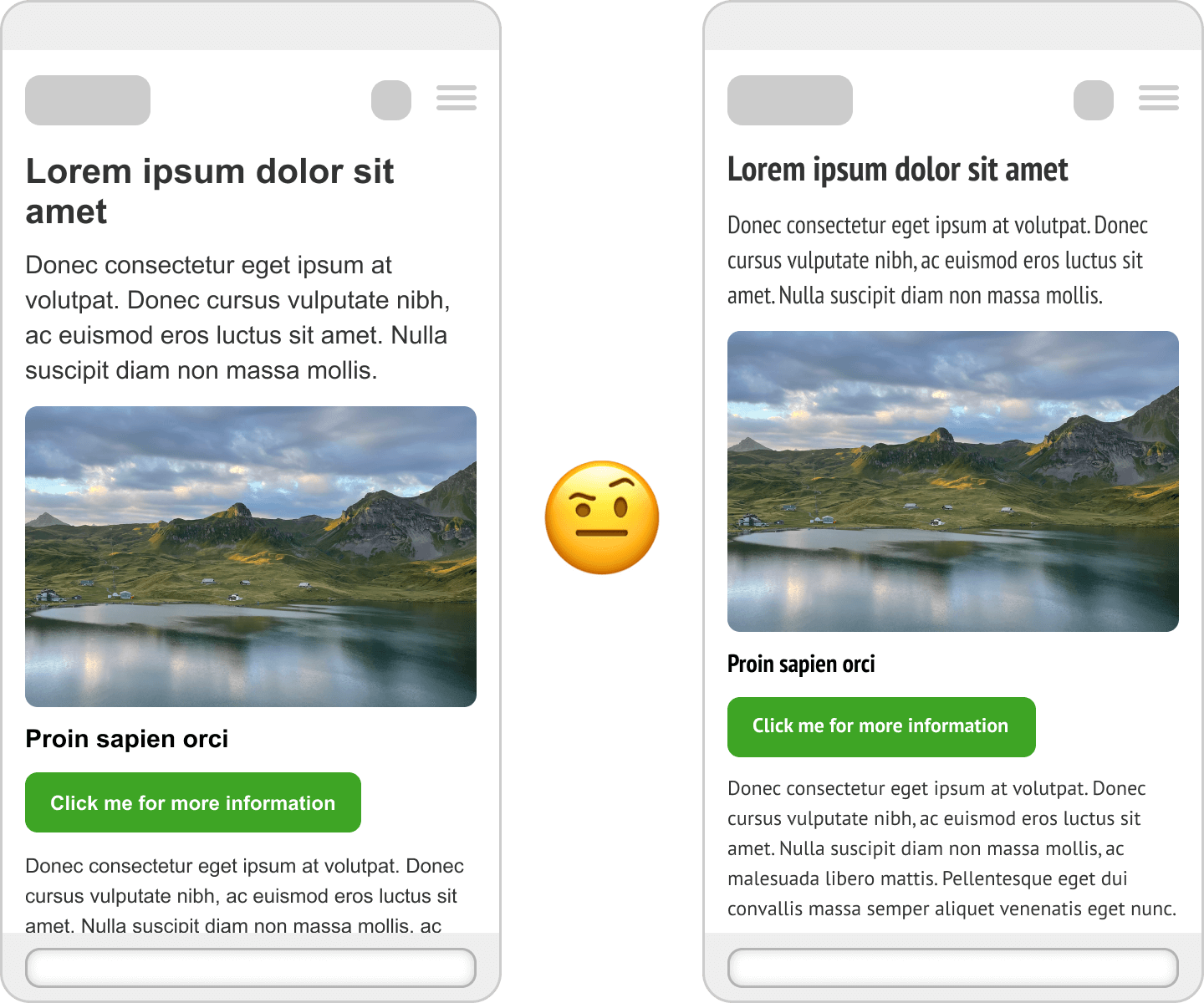 A comparison of 2 mobile views of a website. The first view shows the display while the website is loading. After the website including fonts has been loaded, certain content slides down because the new font is narrower.
