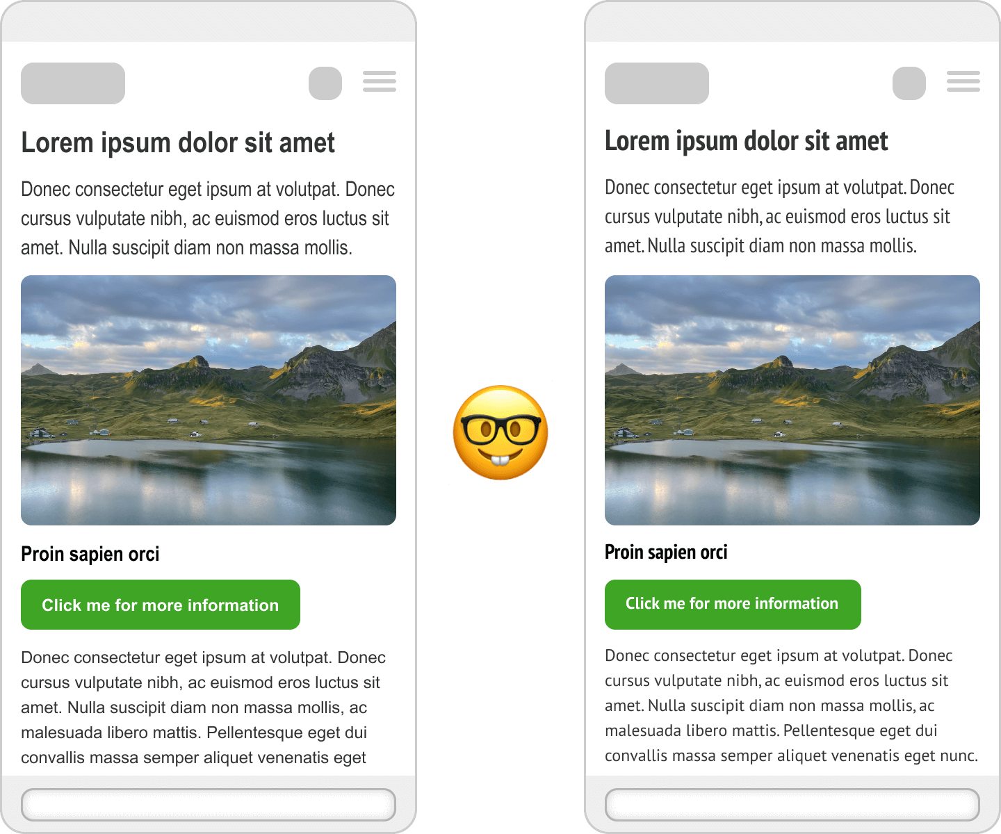 Ein Vergleich von 2 mobilen Ansichten einer Website. Die zweite Ansicht zeigt die Website, nachdem sie inklusive Schriftarten geladen wurde. Die Inhalte sind nicht verrutscht, weil in der ersten Ansicht eine sehr ähnliche und enge Schriftart verwendet wurde.
