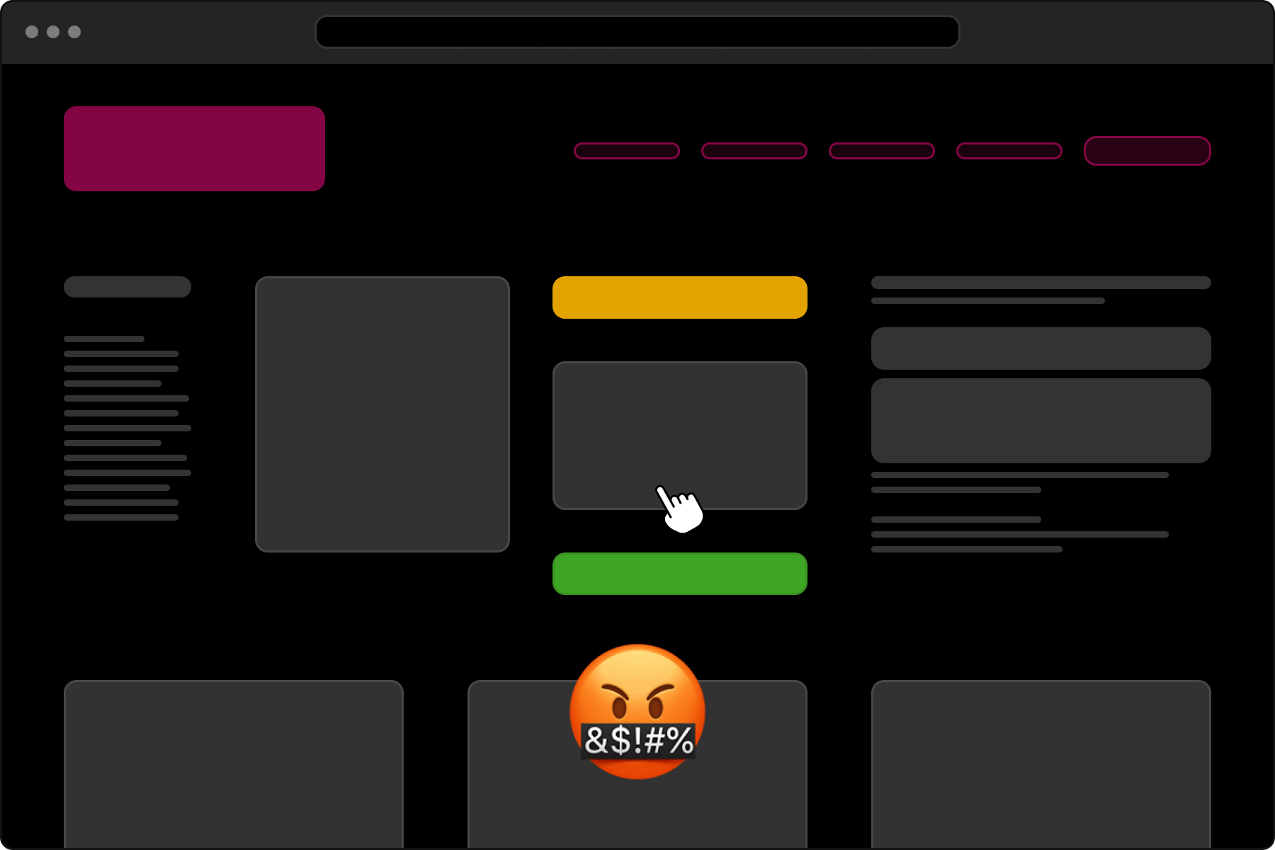 An image of a fictitious website in a browser window. A yellow element moves other elements and the mouse cursor is therefore in the wrong position.