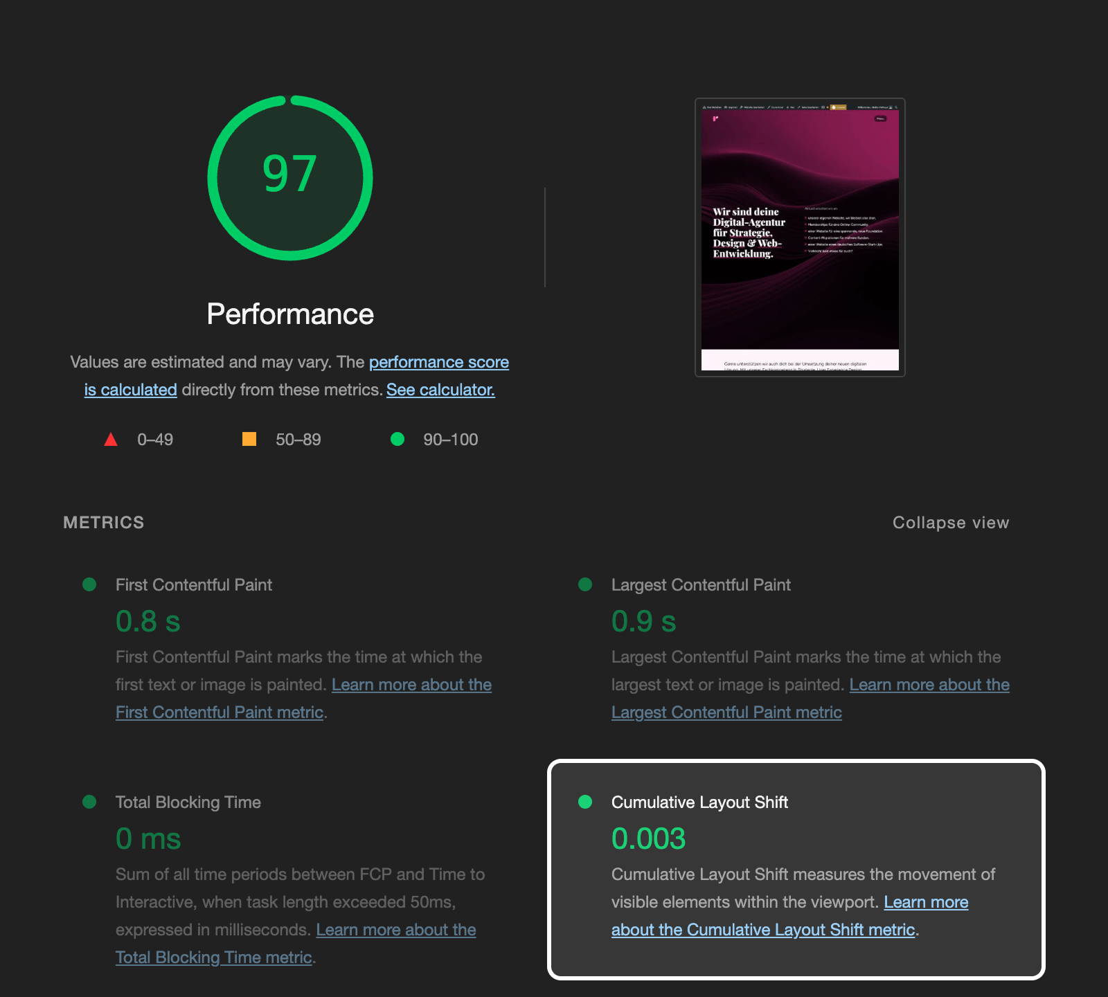 Das Resultat eines Lighthouse-Tests unserer eigenen Website. Mit einem Performance-Wert von 97 und einen sehr tiefen CLS-Wert von 0.003.