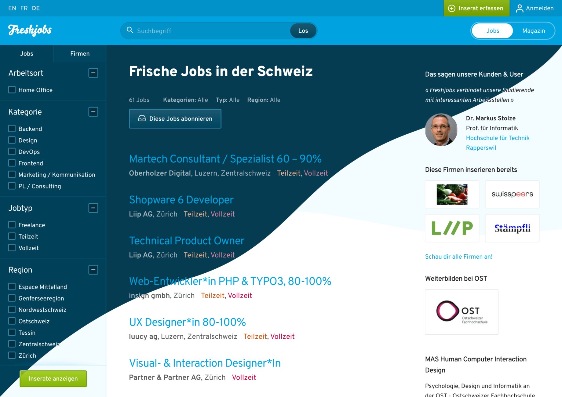 A screenshot of the Freshjobs homepage, one part of it in dark mode, the other in light mode.