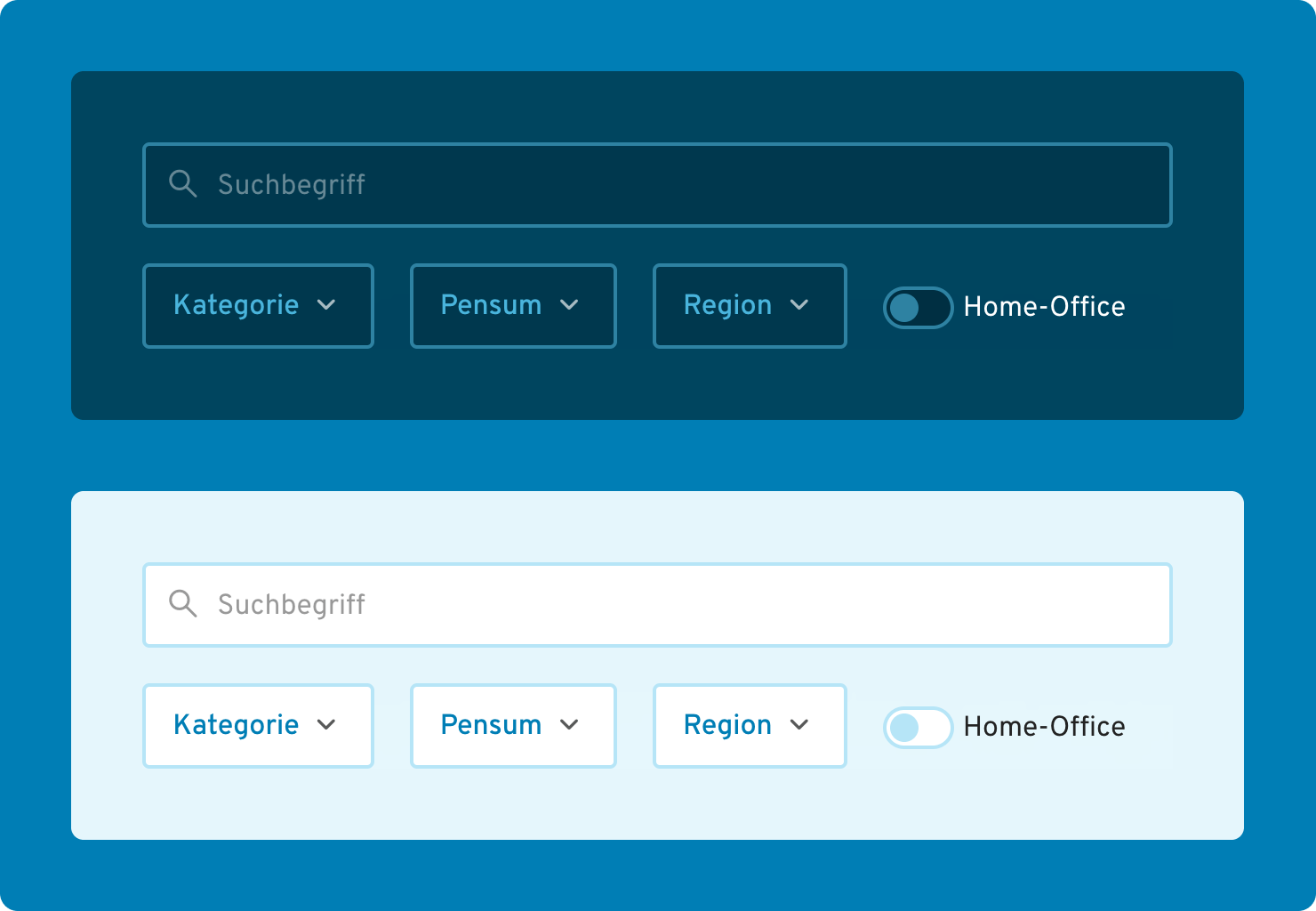 A screenshot of the job filter with search and dropdowns for category, workload and region, as well as a toggle for home office.