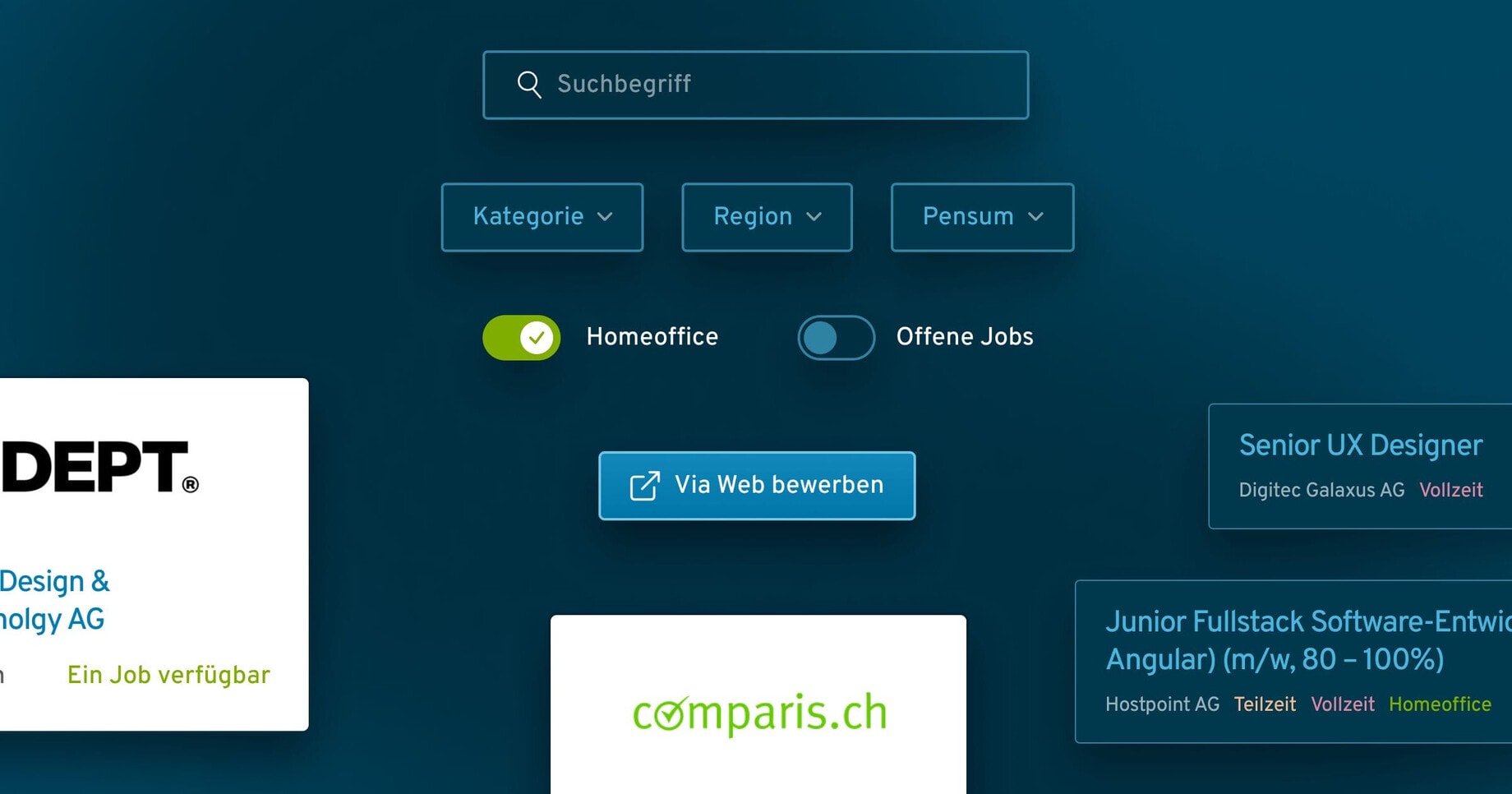 Ein Screenshot mit mehreren Elementen, welche auf freshjobs.ch zum Einsatz kommen, u.a. Buttons, Dropdowns und weitere Inhaltselemente.