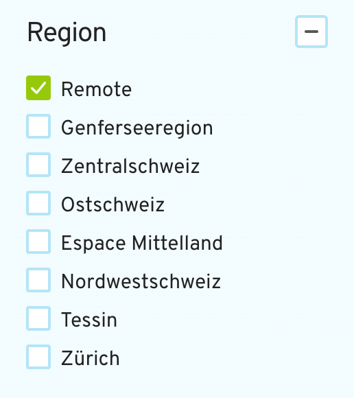Ein Screenshot des Jobfilters Checkboxen für die Region.